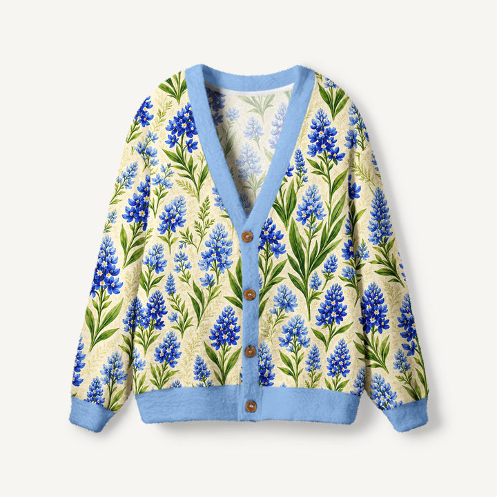 Cardigan lavorato a maglia blu reale con prato di lupini