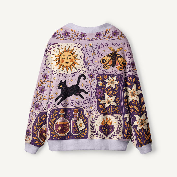 Cardigan lavorato a maglia in stile boho con stampa di gatti di Halloween e motivi botanici