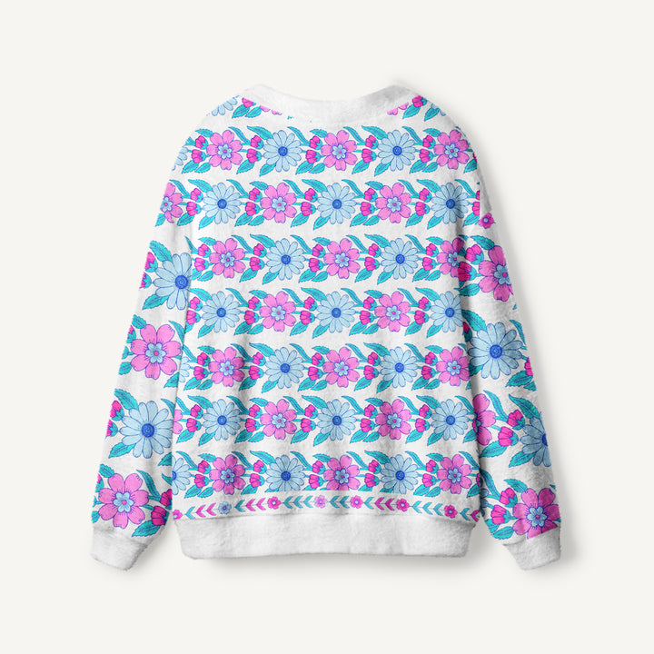 Cardigan lavorato a maglia con bottoni e motivo floreale rosa e blu