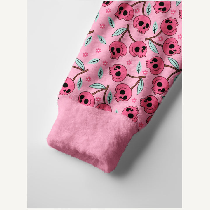 Cardigan lavorato a maglia a tema Halloween con motivo di teschi rosa e fiori