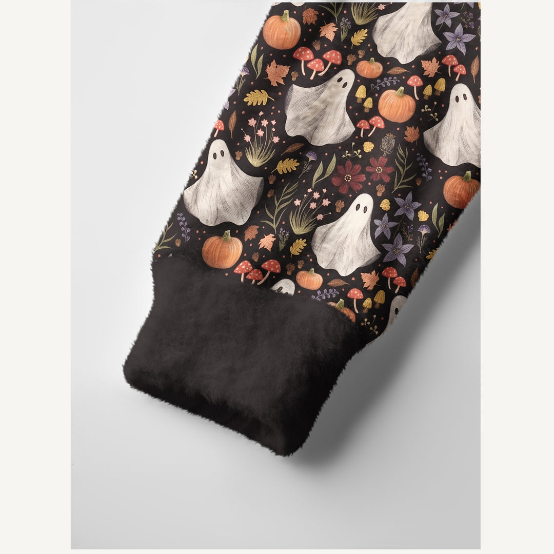Cardigan lavorato a maglia per Halloween con motivi di zucche e fantasmi a mezzanotte