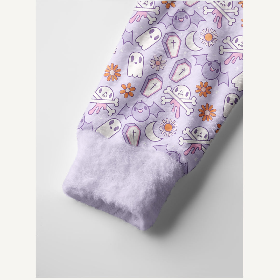 Cardigan in maglia stile boho per Halloween con motivo “giardino di lavanda e fantasma”
