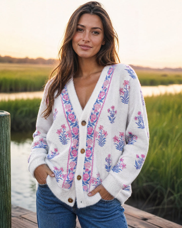 Cardigan lavorato a maglia con motivi botanici in delicate tonalità di rosa e blu