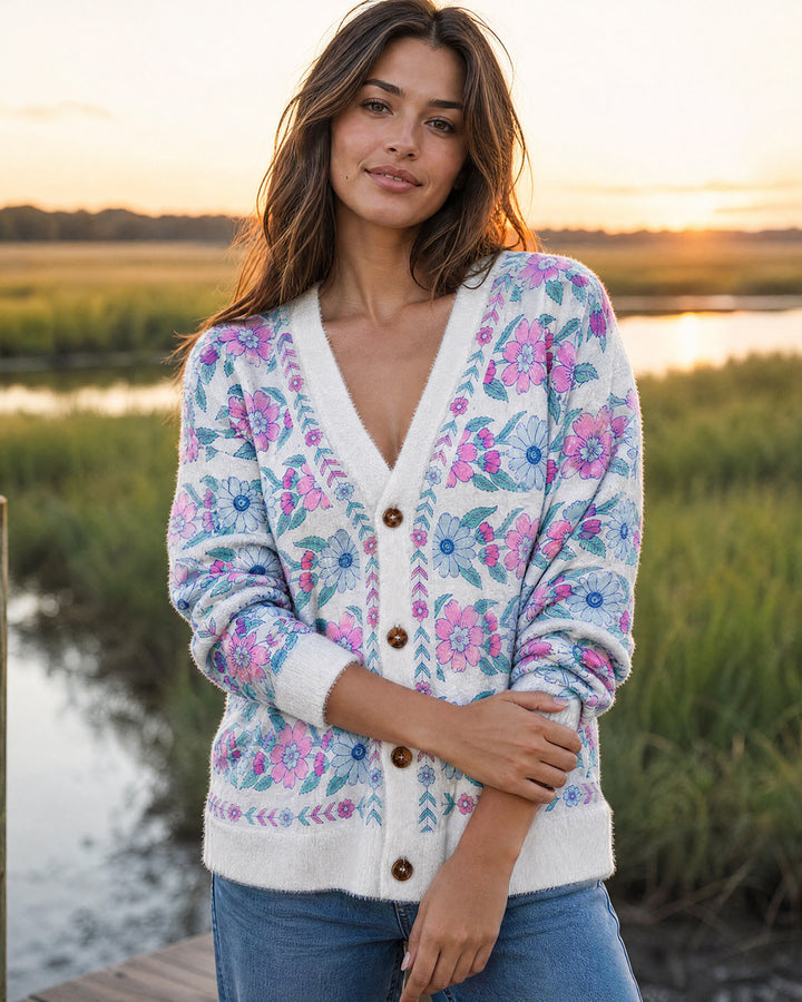 Cardigan lavorato a maglia con bottoni e motivo floreale rosa e blu