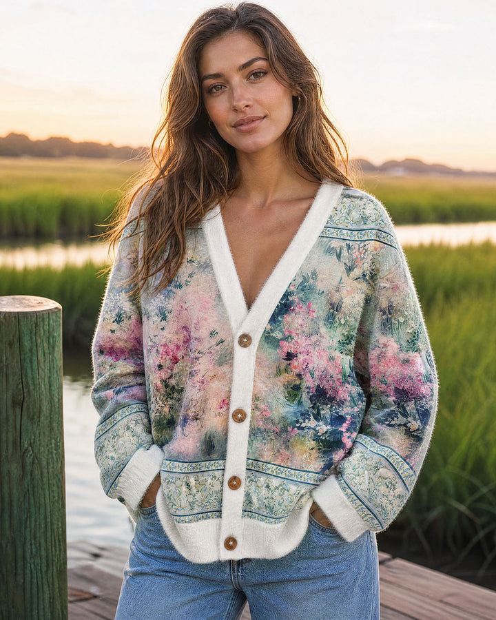 Cardigan lavorato a maglia con bottoni, in stile boho, con motivo floreale da giardino in acquerello