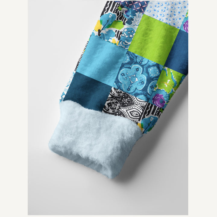 Cardigan lavorato a maglia in patchwork con motivi floreali geometrici
