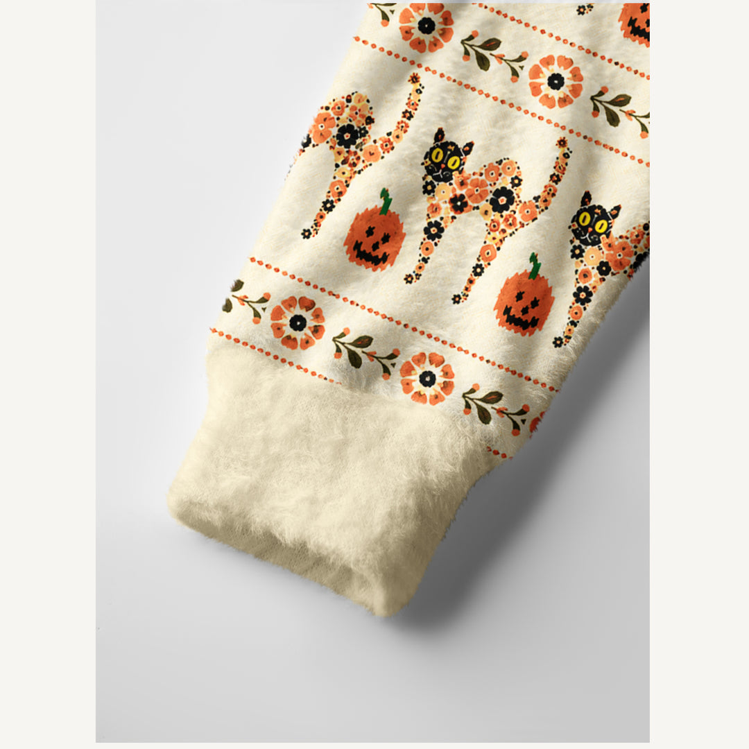 Cardigan lavorato a maglia con motivo floreale in stile boho, con gatti e zucche, per Halloween