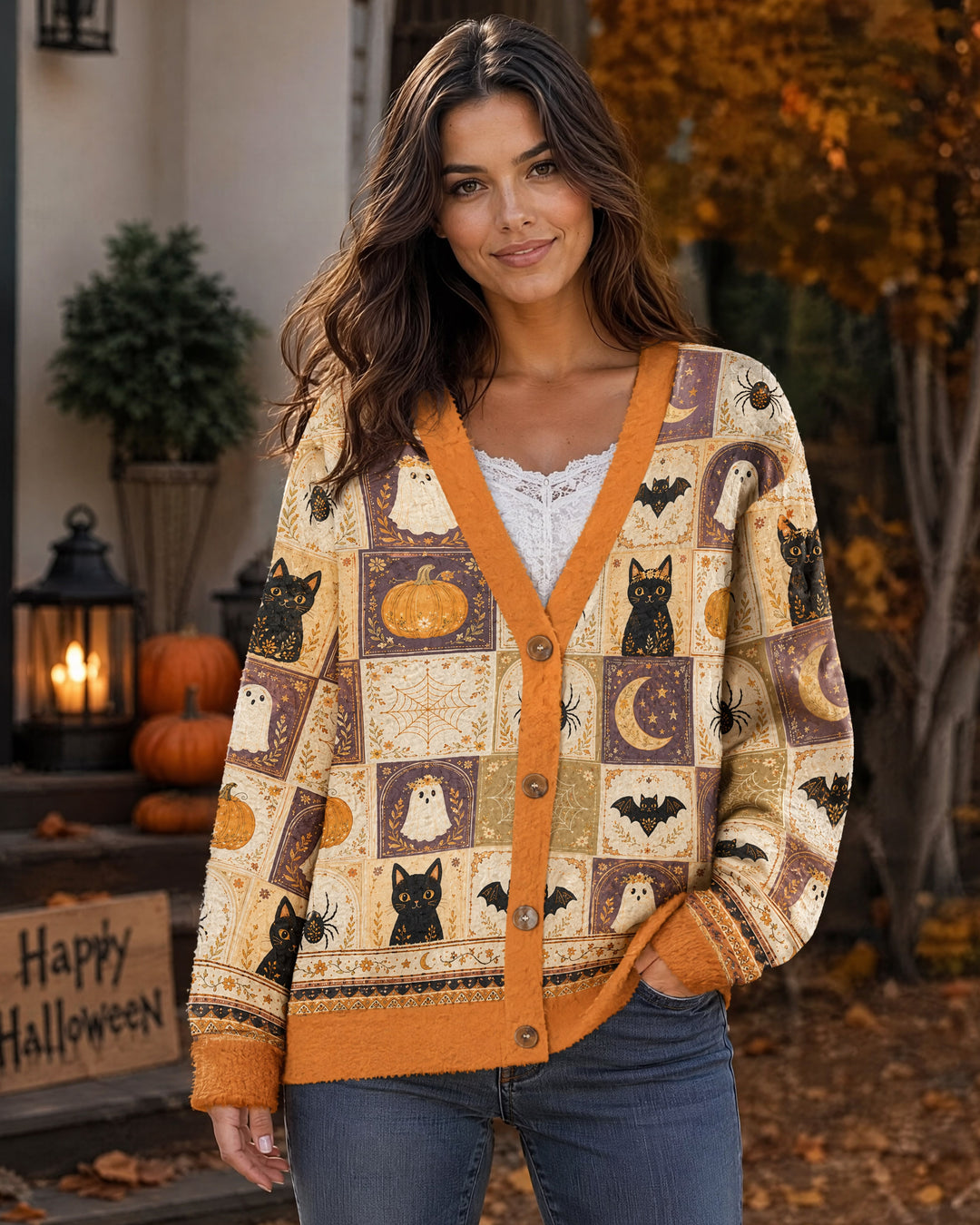 Cardigan con stampa patchwork “Gatto e zucca di Halloween”