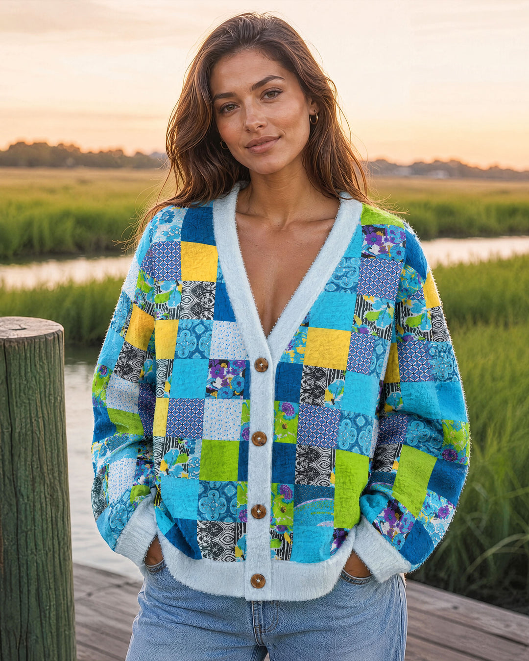 Cardigan lavorato a maglia in patchwork con motivi floreali geometrici