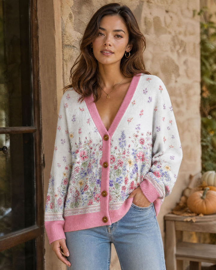 Cardigan lavorato a maglia con motivo a fiori selvatici