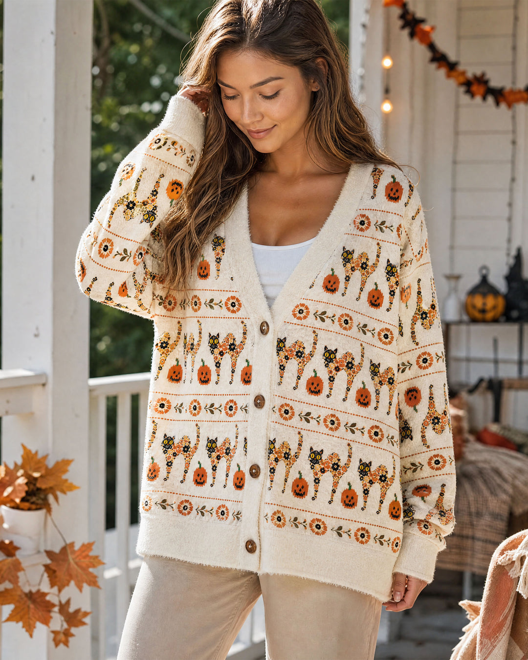 Cardigan lavorato a maglia con motivo floreale in stile boho, con gatti e zucche, per Halloween