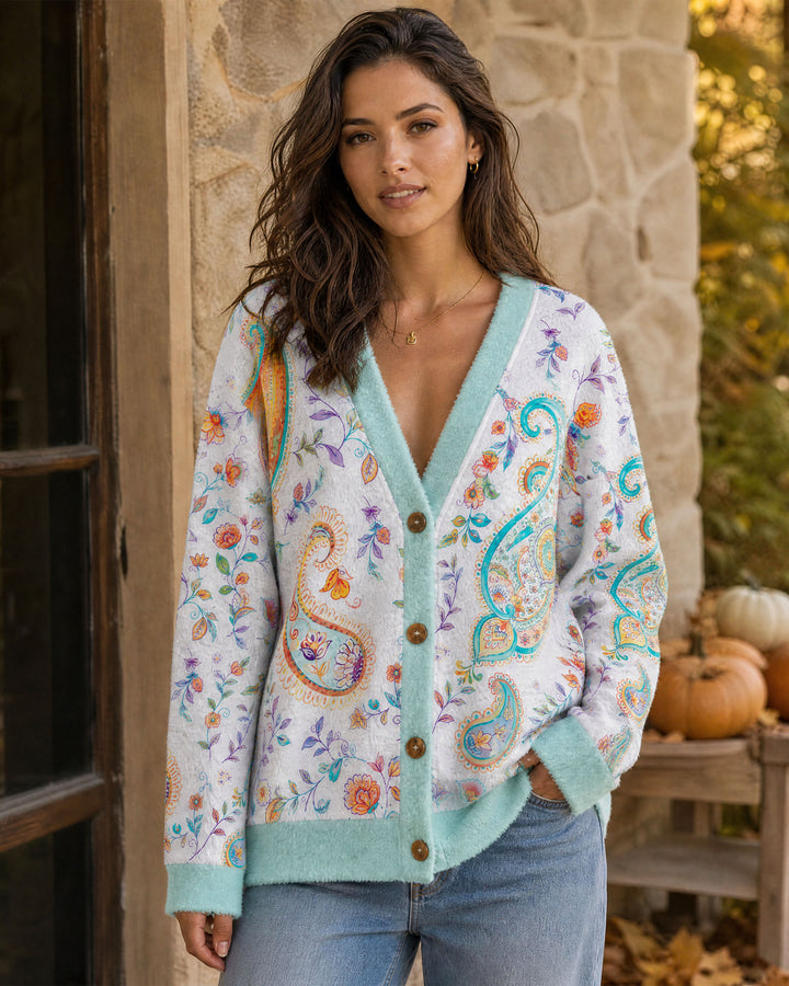 Cardigan lavorato a maglia con motivi boho, paisley, floreali e botanici