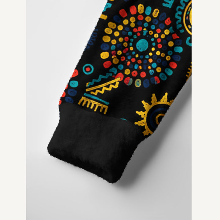 Cardigan lavorato a maglia in stile arazzo con simbolo del sole azteco