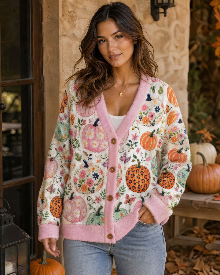 Cardigan autunnale in maglia con motivo floreale a zucche