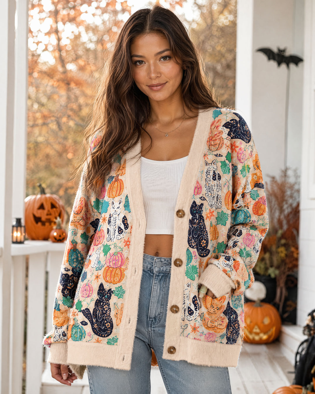 Cardigan lavorato a maglia con motivi floreali «Gatto nero d&