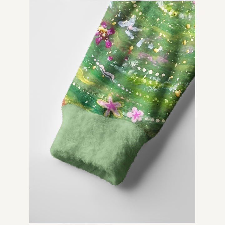 Cardigan lavorato a maglia artistico verde con motivi a spirale e stampa di fiori selvatici