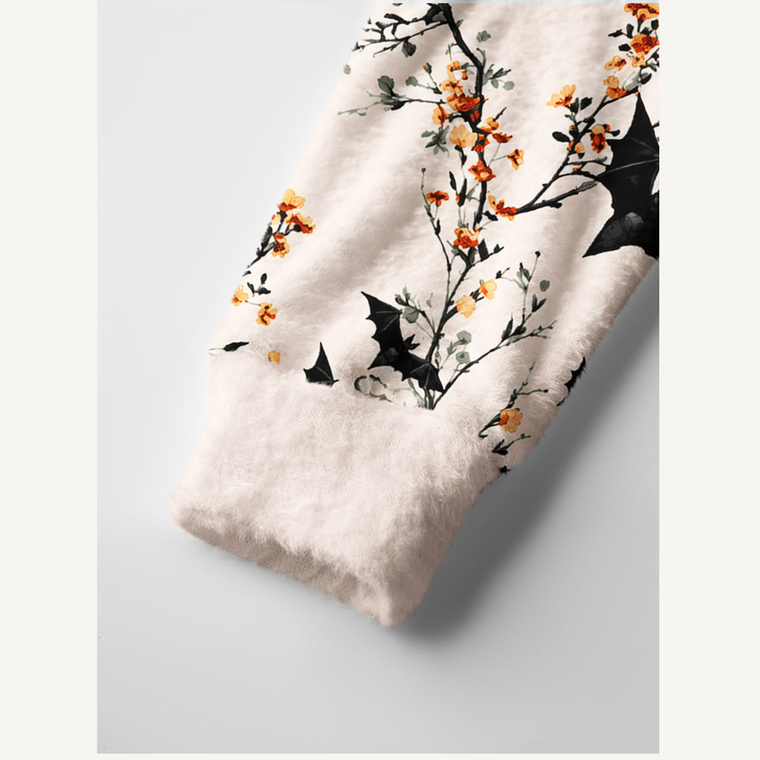 Cardigan lavorato a maglia di Halloween con pipistrelli e fiori selvatici