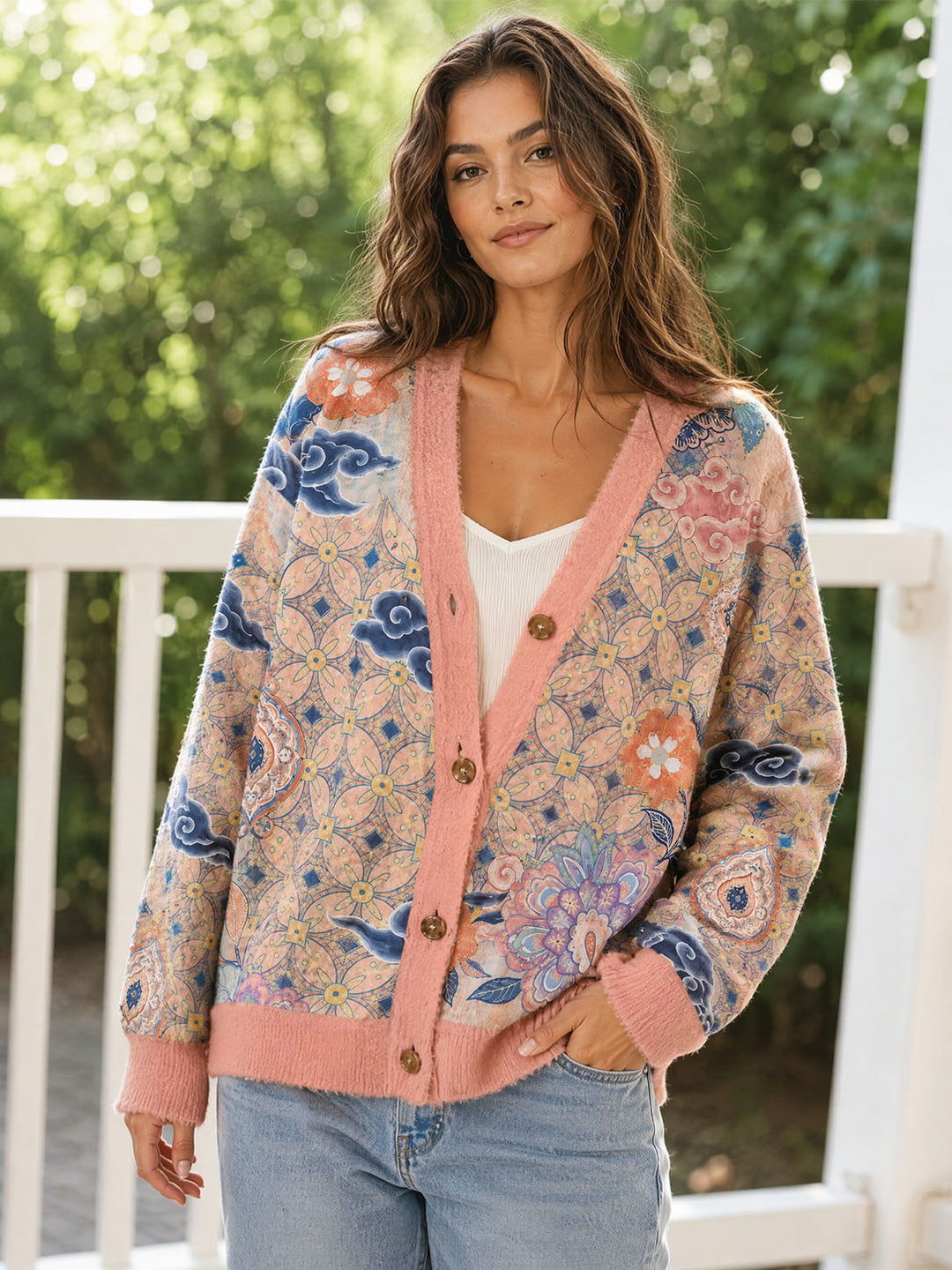 Cardigan lavorato a maglia con motivo botanico in stile boho