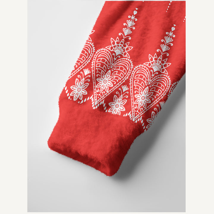 Cardigan lavorato a maglia rosso con stampa floreale e cuori in stile folk