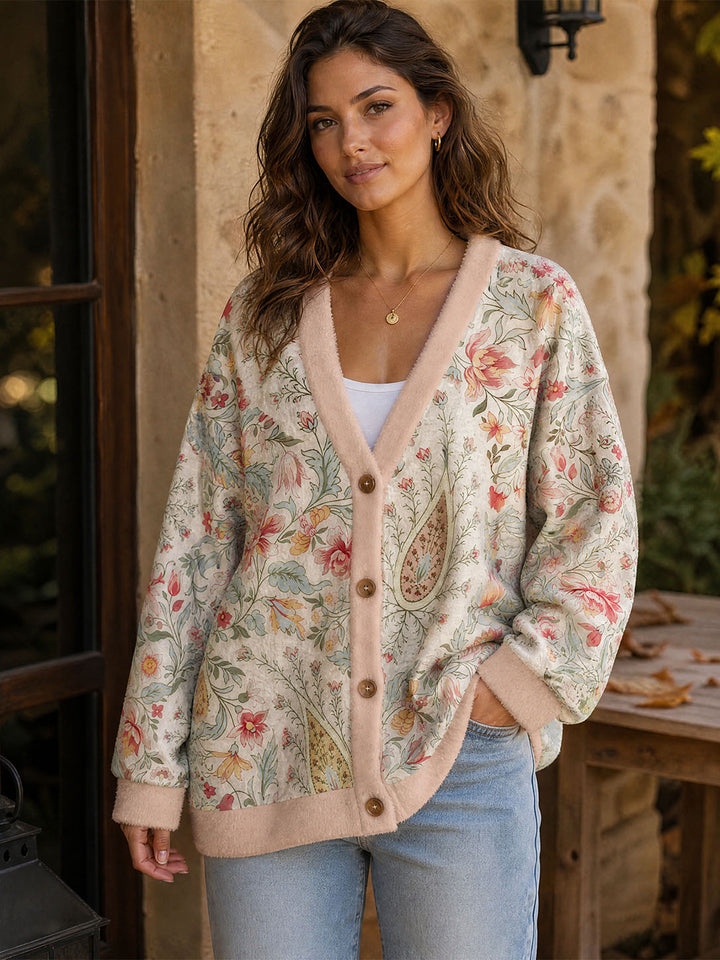 Cardigan lavorato a maglia con motivo botanico “Fiori del giardino”