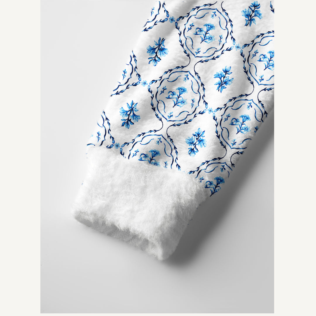 Cardigan lavorato a maglia blu con stampa di medaglioni floreali