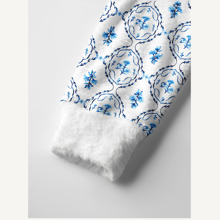 Cardigan lavorato a maglia blu con stampa di medaglioni floreali