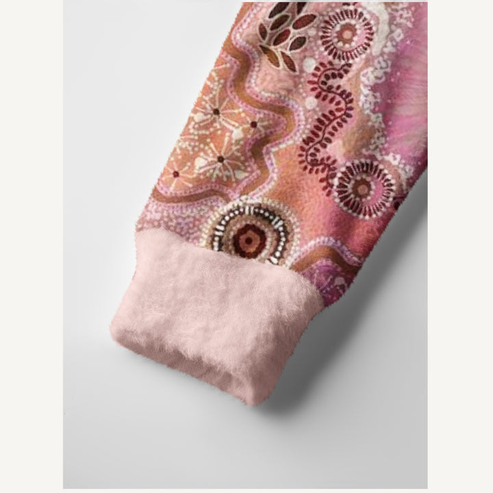 Cardigan lavorato a maglia boho rosa con stampa floreale e simboli tribali del sole
