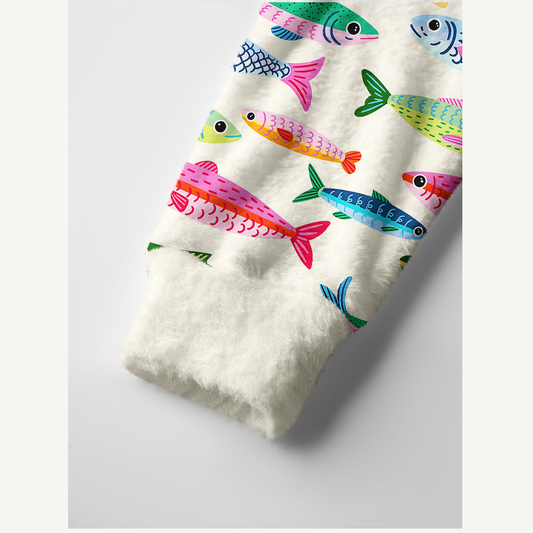 Cardigan lavorato a maglia con sardine dai colori vivaci