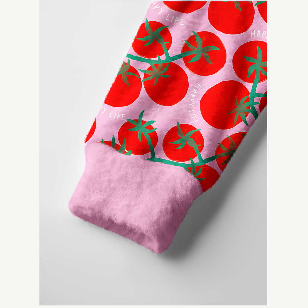 Cardigan lavorato a maglia con pomodori e motivi ispirati all’orto