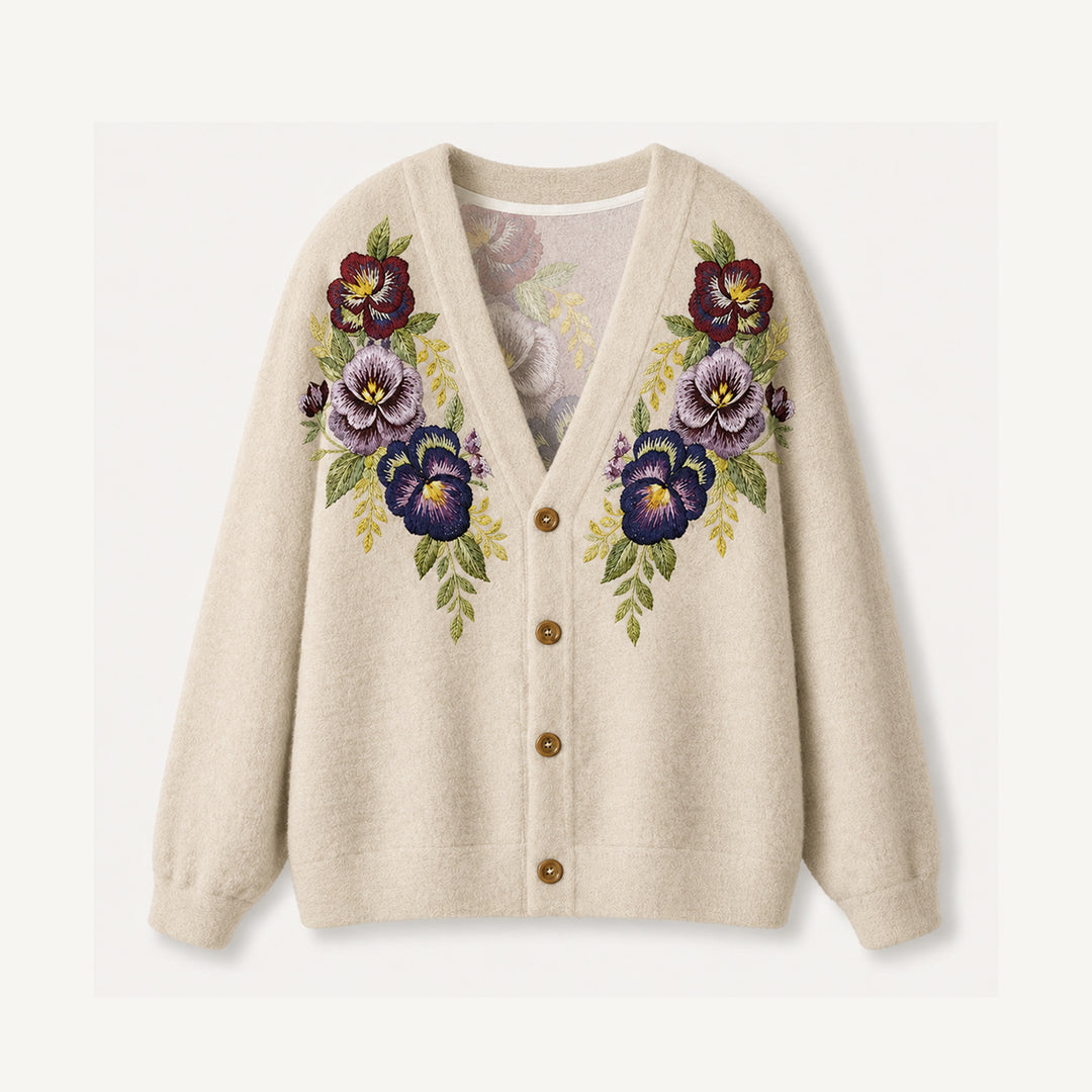 Cardigan lavorato a maglia Bouquet floreale vintage con viole del pensiero