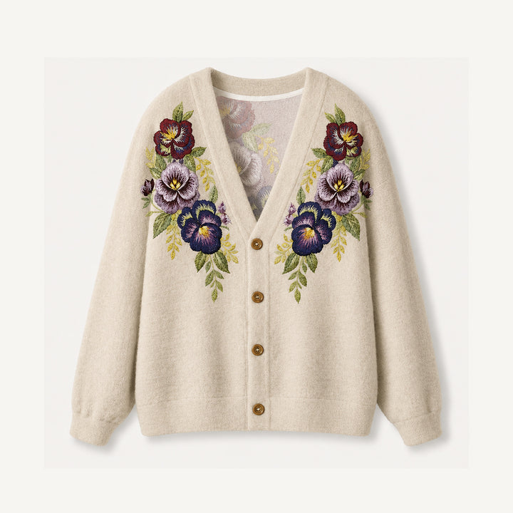 Cardigan lavorato a maglia Bouquet floreale vintage con viole del pensiero