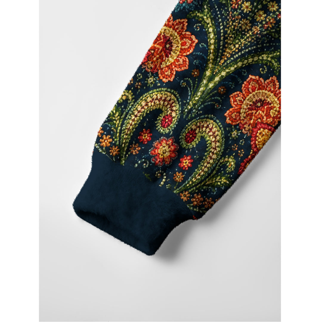 Maglione vintage a collo rotondo con motivi floreali folk e paisley