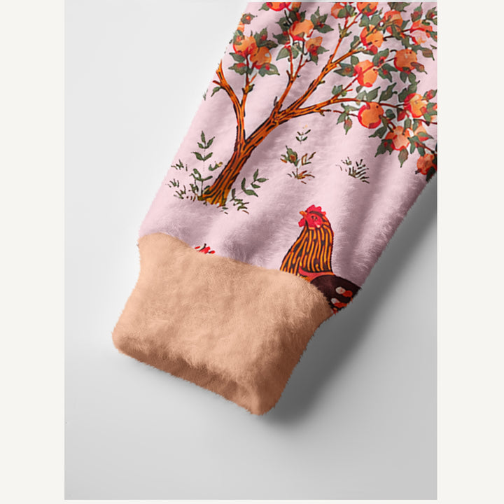 Cardigan lavorato a maglia con galline di campagna e frutteto