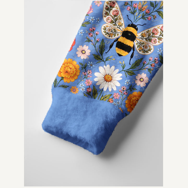 Cardigan lavorato a maglia da giardino incantato con api e fiori di campo