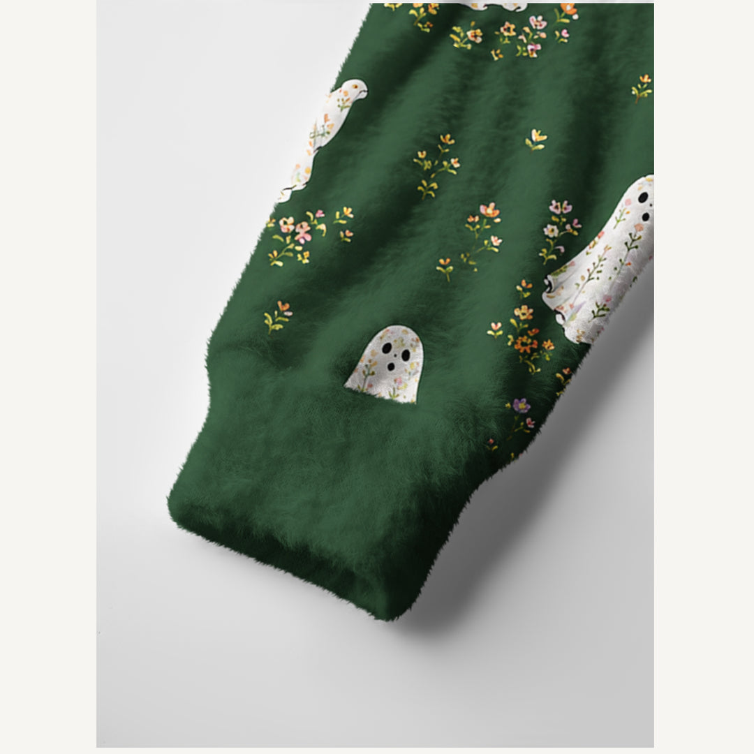 Cardigan lavorato a maglia con fantasmi floreali da giardino di Halloween