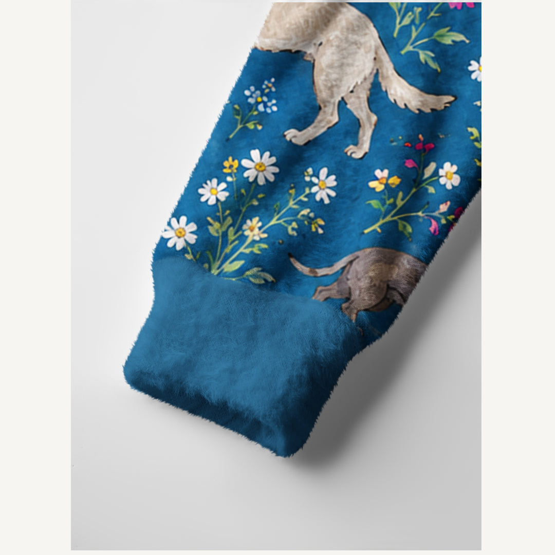 Cardigan lavorato a maglia con cani e fiori di campo