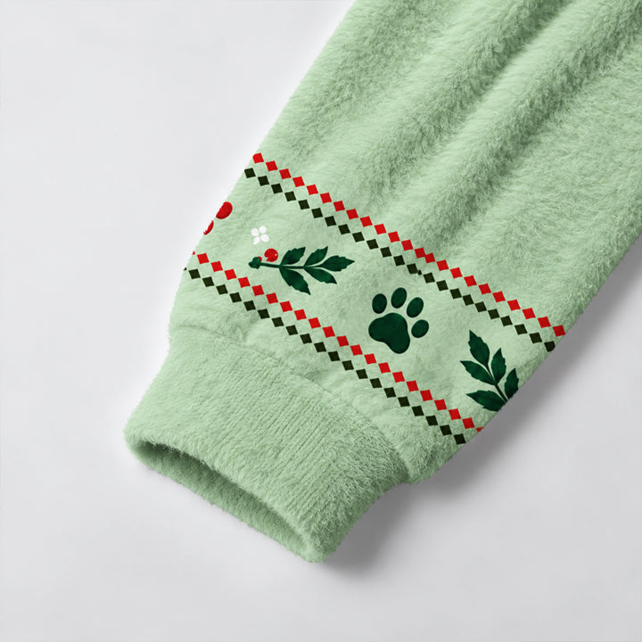 Maglione Natalizio Girocollo con Impronta di Zampa di Gatto e Albero di Natale
