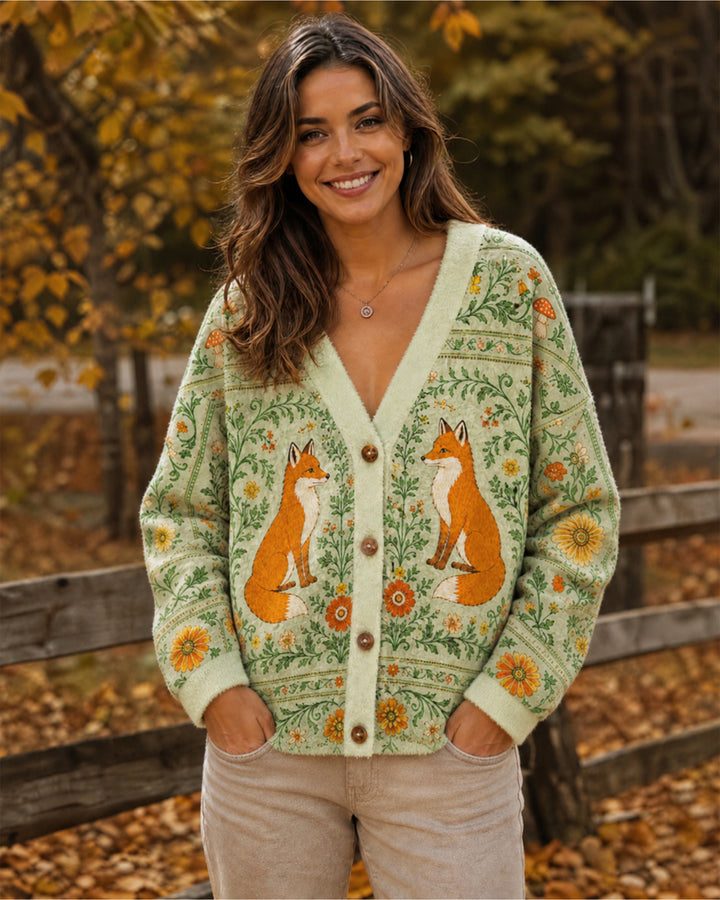 Cardigan lavorato a maglia verde salvia “Volpi della giungla”