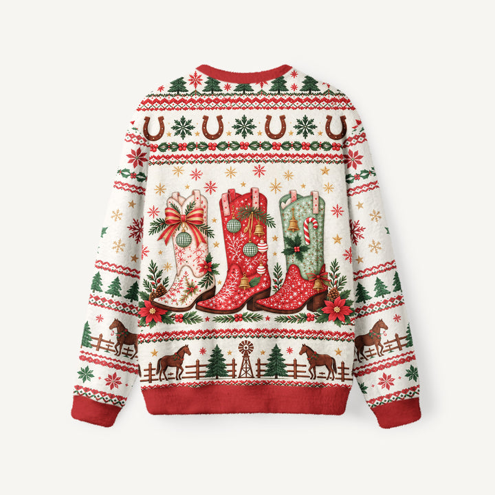 Maglione Natalizio Girocollo in Stile Western con Stivali da Cowboy