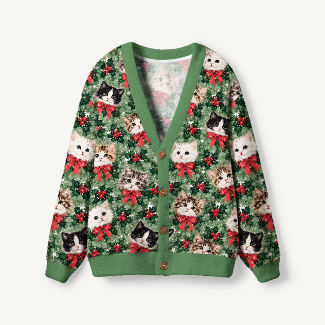 Cardigan lavorato a maglia Natalizi con Fantasia di Gatti “Holly Jolly”