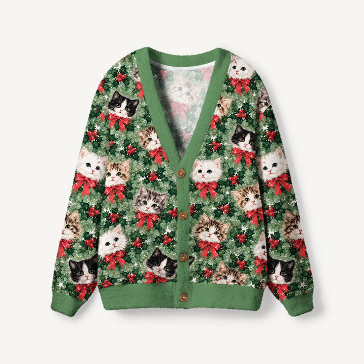 Cardigan lavorato a maglia Natalizi con Fantasia di Gatti “Holly Jolly”