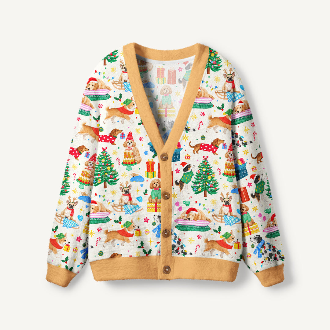 Cardigan lavorato a maglia Natalizi con Fantasia di Cani e Regali