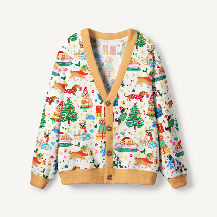 Cardigan lavorato a maglia Natalizi con Fantasia di Cani e Regali