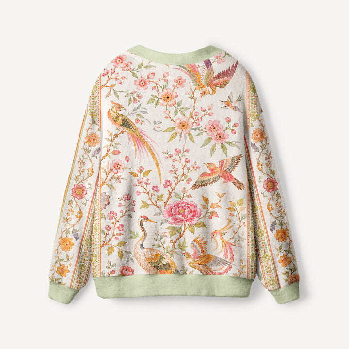 Cardigan romantico in maglia con motivo chinoiserie raffigurante delle gru