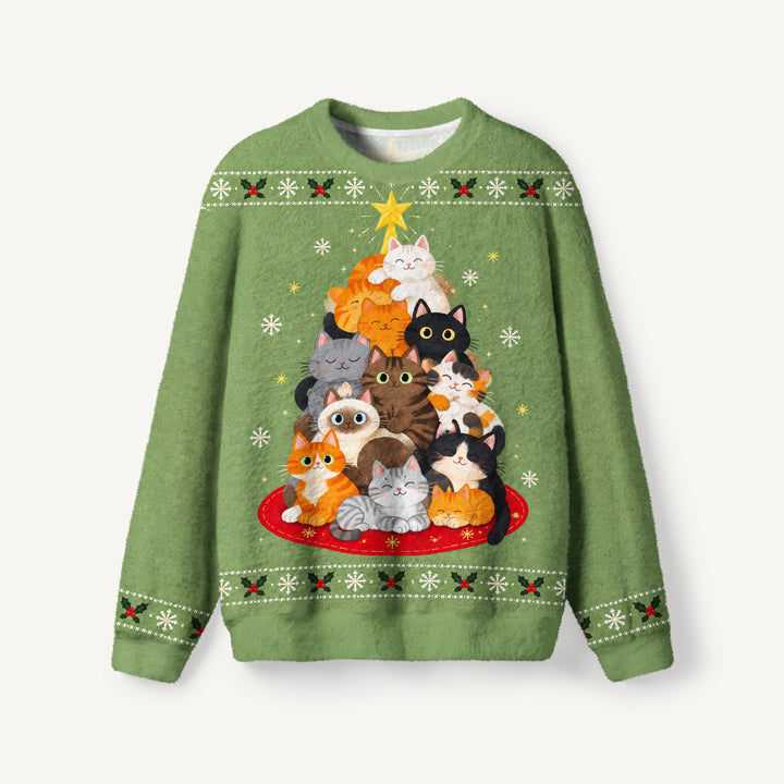 Maglione Natalizio Girocollo con Gatto Festoso e Albero di Natale