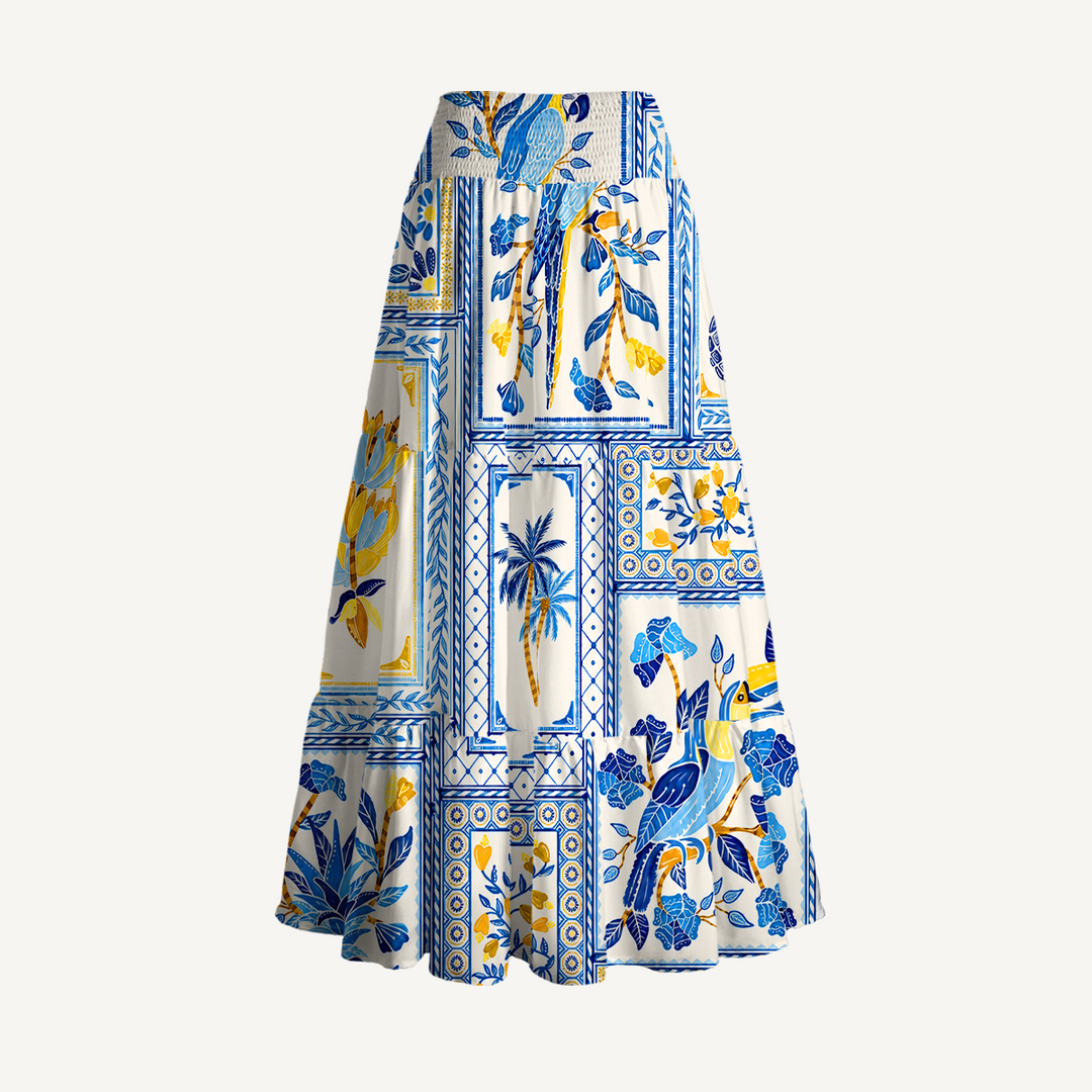 Gonna lunga con motivo a piastrelle tropicali blu e abito senza spalline