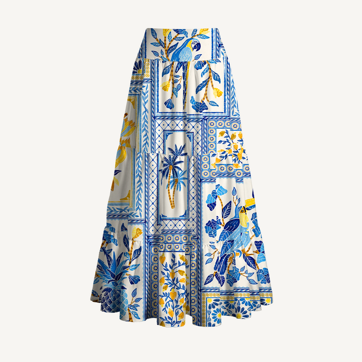 Gonna lunga con motivo a piastrelle tropicali blu e abito senza spalline
