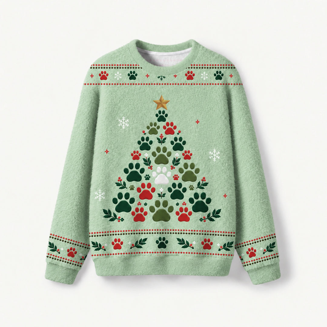 Maglione Natalizio Girocollo con Impronta di Zampa di Gatto e Albero di Natale