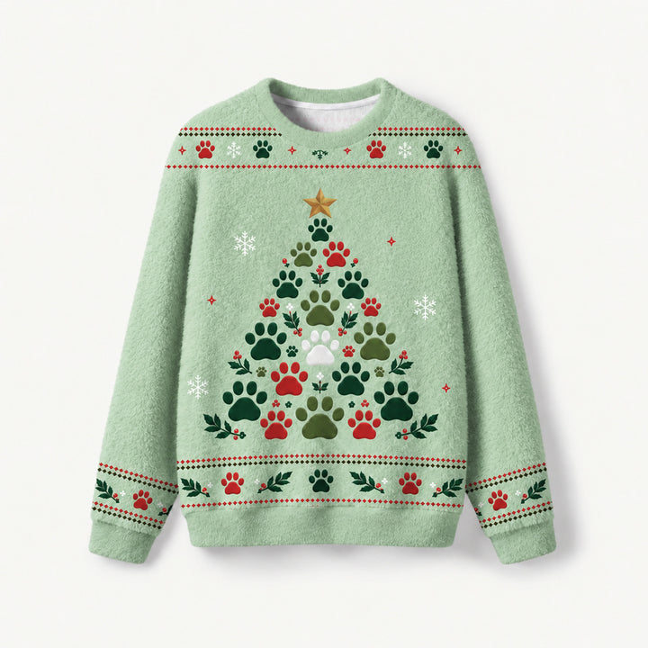 Maglione Natalizio Girocollo con Impronta di Zampa di Gatto e Albero di Natale