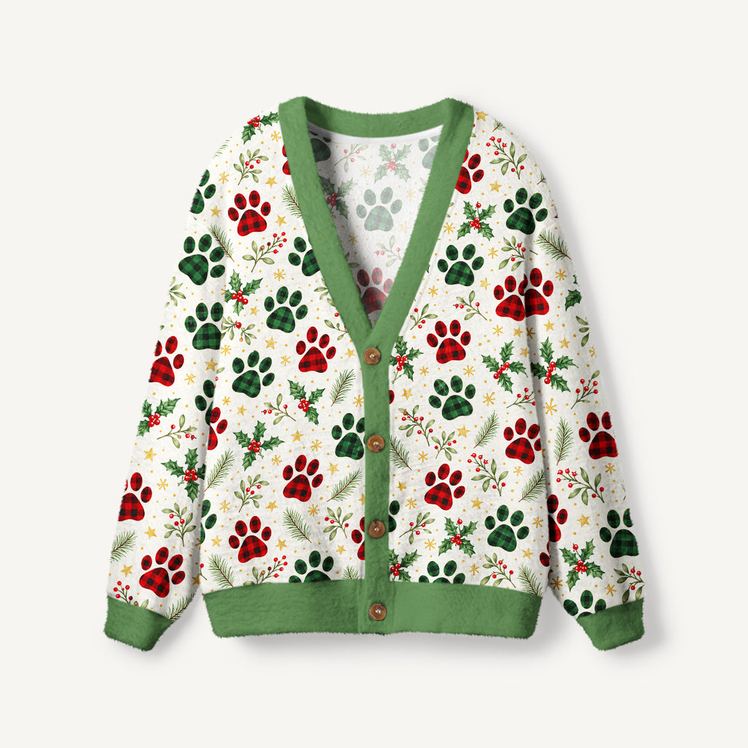 Cardigan Natalizio Lavorato a Maglia con Fantasia di Zampe di Gatto “Buon Natale”